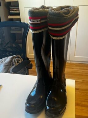Hunter Black Tall Rain Boots with Olive and Red Striped Knit Cuff